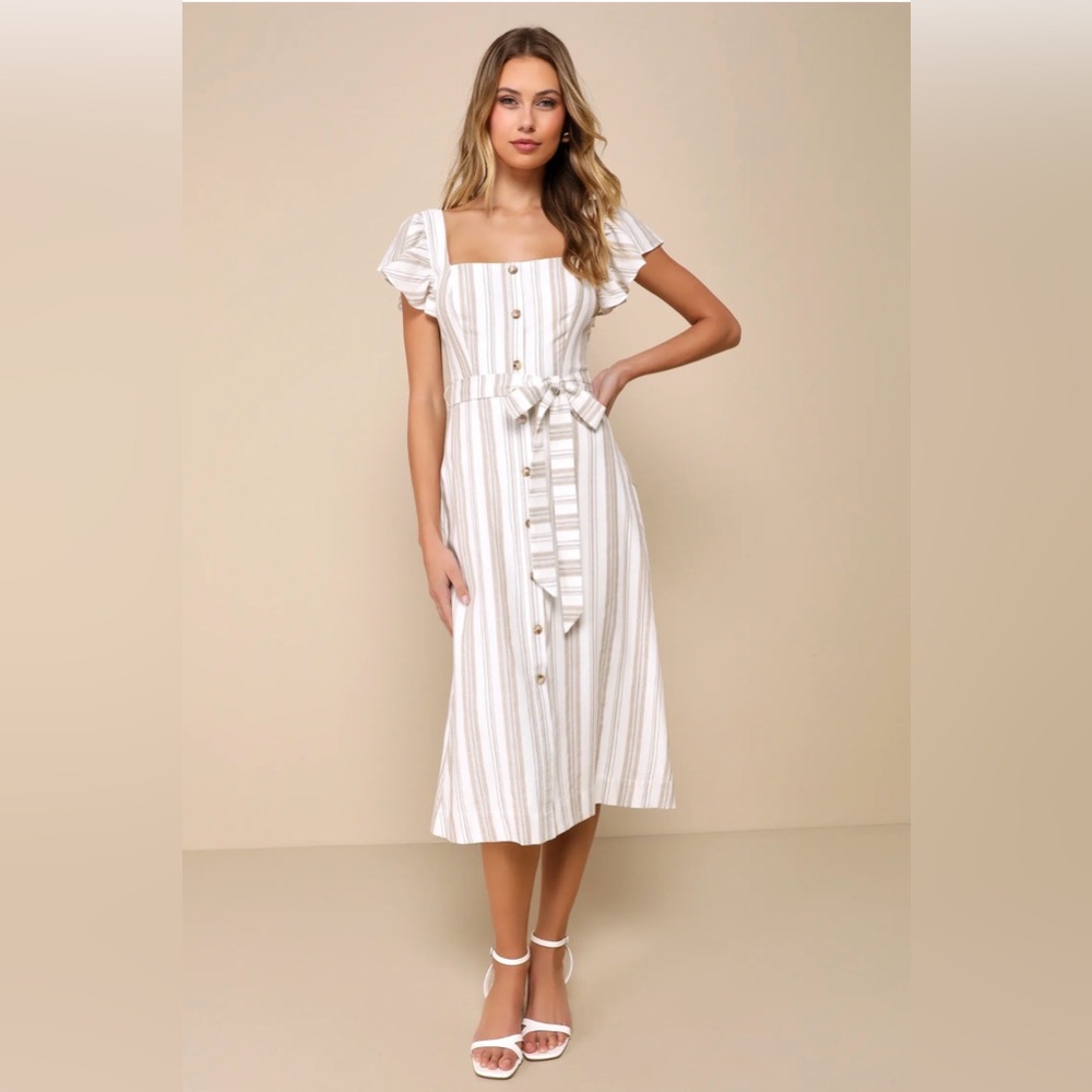 Striped White Midi Dress with Belt